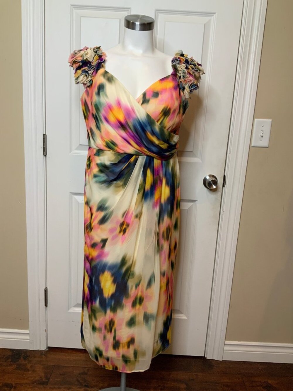 Carla Ruiz Watercolor Floral Ruffle Strap Draped Midi Dress NWT $575, Size 14